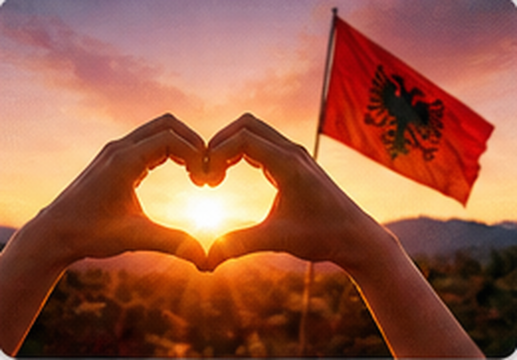 Hands forming a heart in front of an Albanian flag.