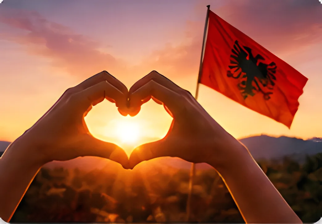 Hands forming a heart in front of an Albanian flag.