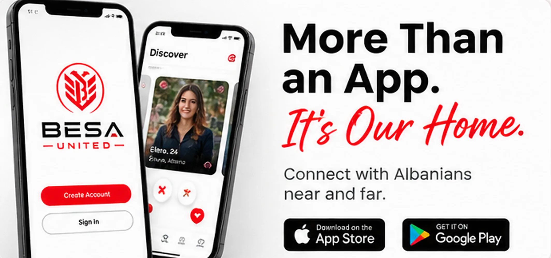 Besa United mobile app screens with the message More Than an App. It's Our Home.