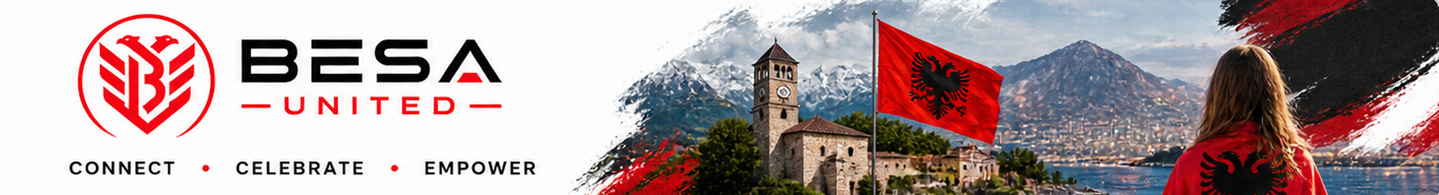Besa United banner with the Albanian flag and mountain landscape.